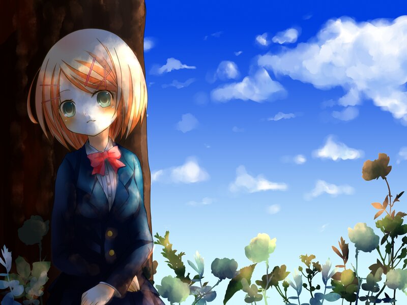 Anime Girl Leaning on Tree — Blue