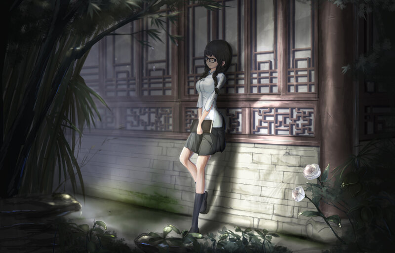 Anime Girl Leaning on Wall — Green