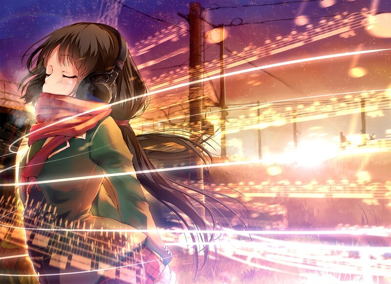 Anime girl listening to music