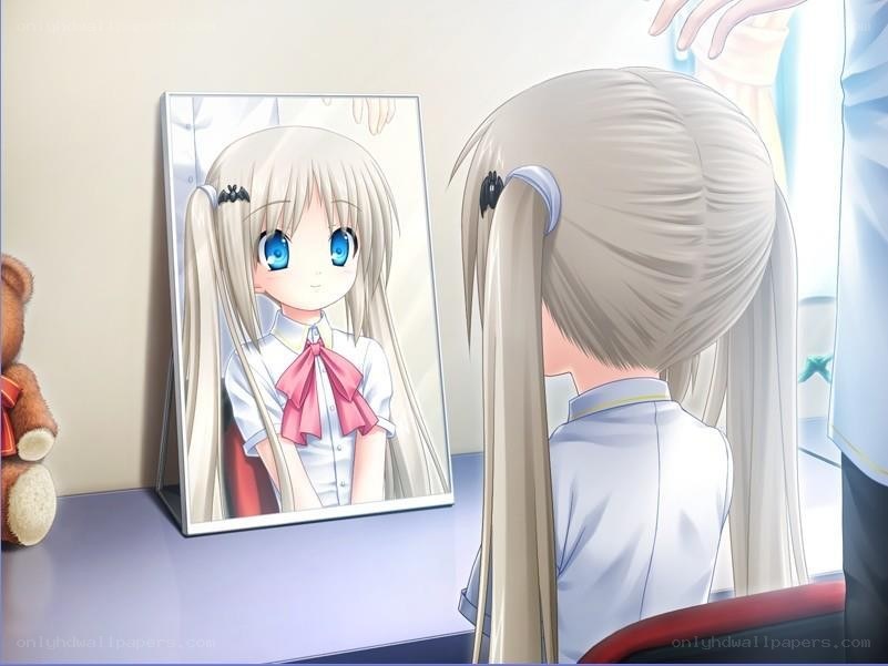anime girl looking at portrait