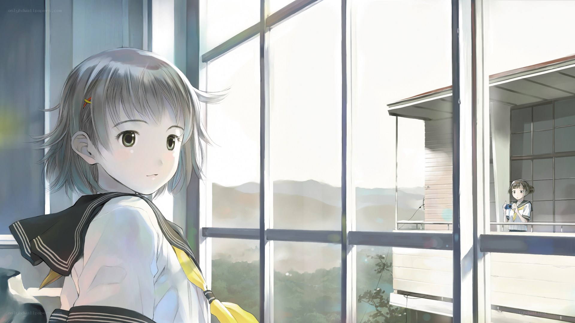 Anime girl looking out window