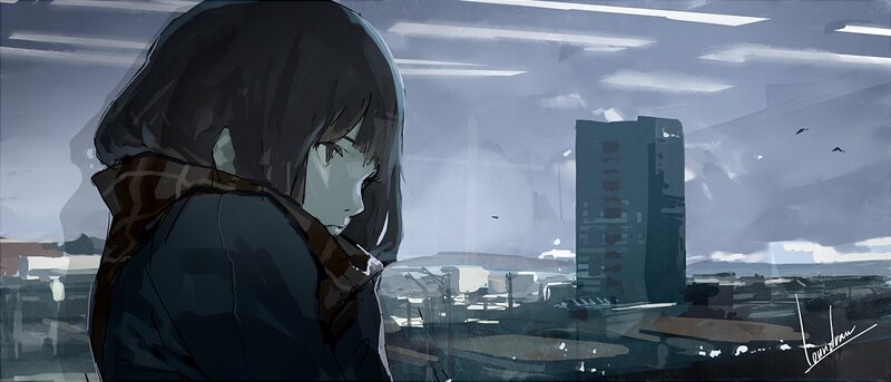 anime girl looking out window