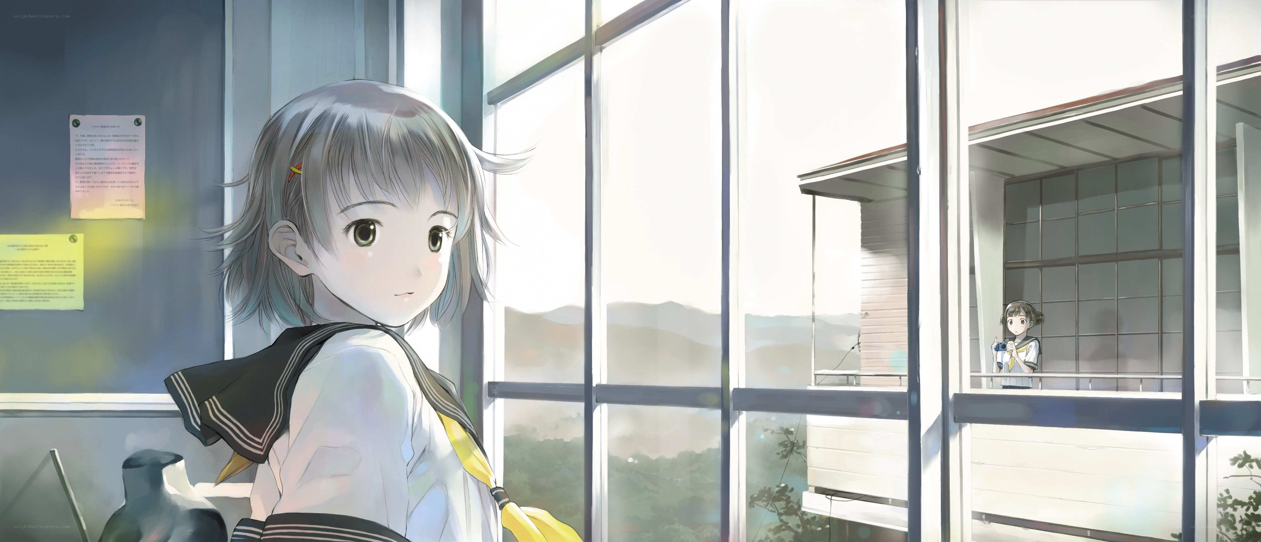Anime girl looking out window