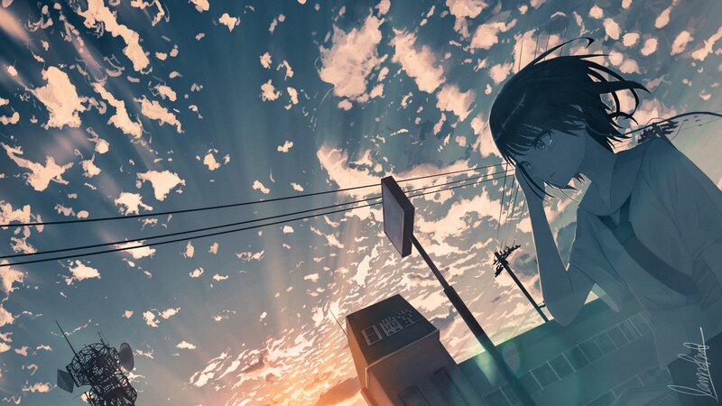 Anime Girl Looking Up — Blue, Dramatic