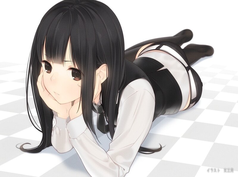 Anime Girl Lying Down — Black, Calm, Digital Art, Checkered Floor
