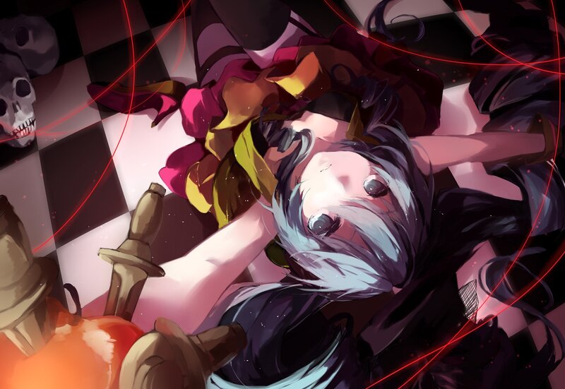 Anime Girl Lying Down — Black, Dramatic, Digital Art, Skull, Chessboard, Sword