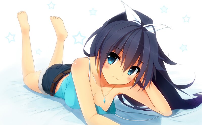Anime Girl Lying Down — Blue, Calm, Bed, Stars