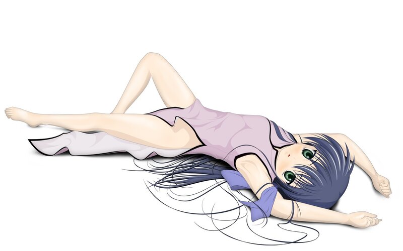 Anime Girl Lying Down — Blue, Calm, Long Hair, Green Eyes