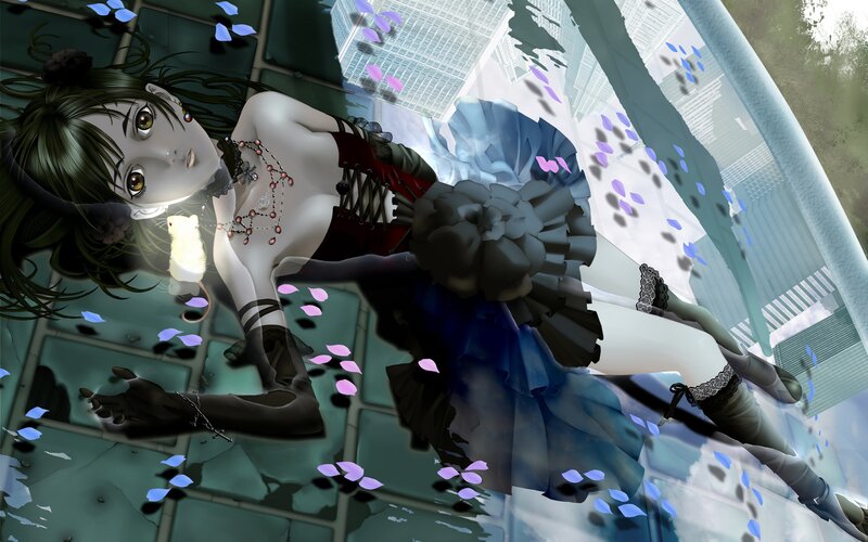 Anime Girl Lying Down — Blue, Dramatic, Digital Art, Flower Petals