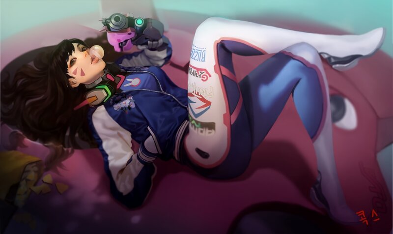 Anime Girl Lying Down — Blue, Playful, Digital Art