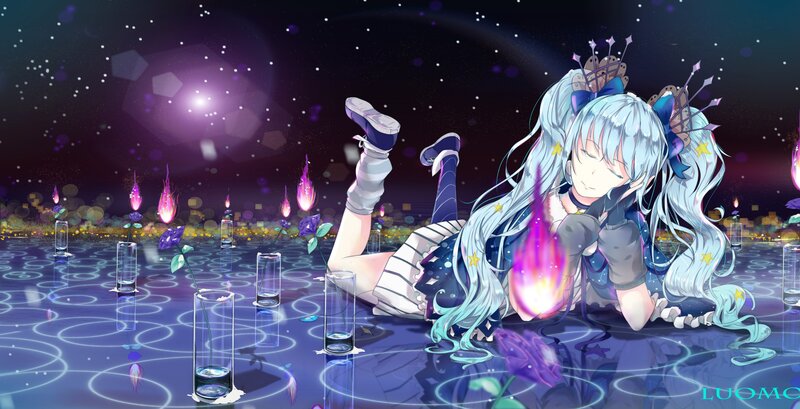 Anime Girl Lying Down — Blue, Serene, Night, Digital Art, Flowers