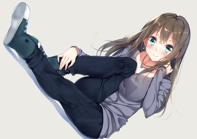 Anime Girl Lying Down — Gray, Relaxed, Digital Art