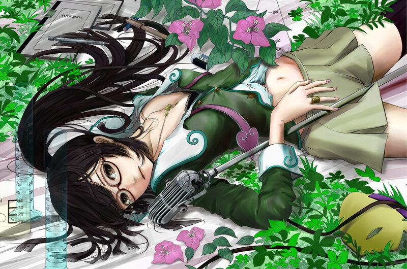 Anime Girl Lying Down — Green, Calm, Afternoon, Digital Art, Glasses