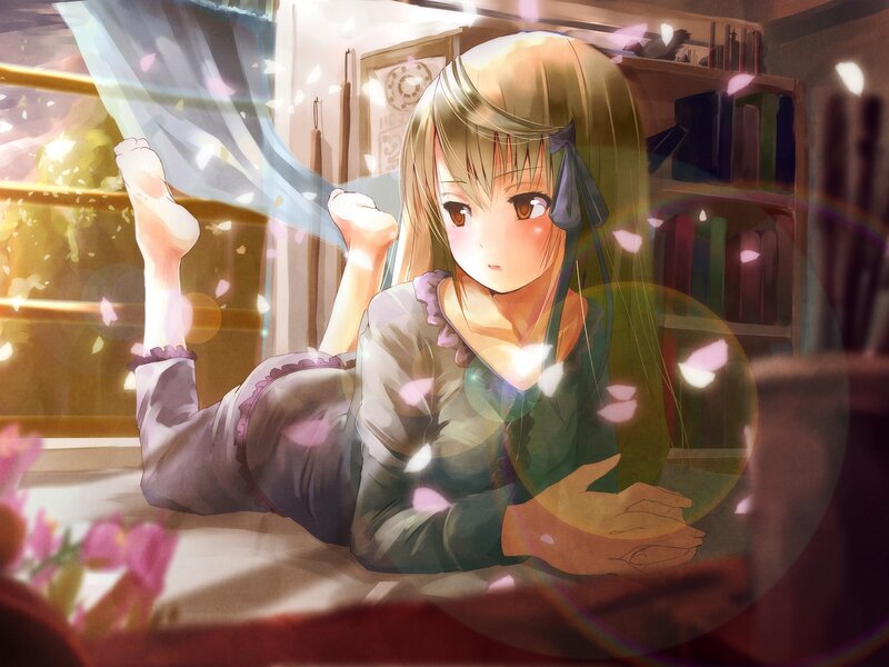 Anime Girl Lying Down — Green, Calm, Afternoon