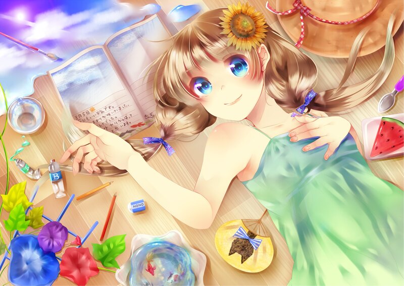Anime Girl Lying Down — Green, Serene, Summer