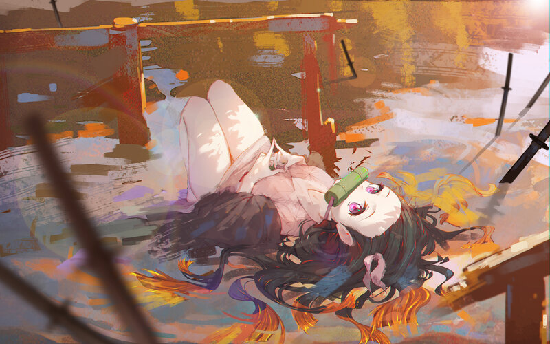 Anime Girl Lying Down — Orange, Dramatic, Sunset