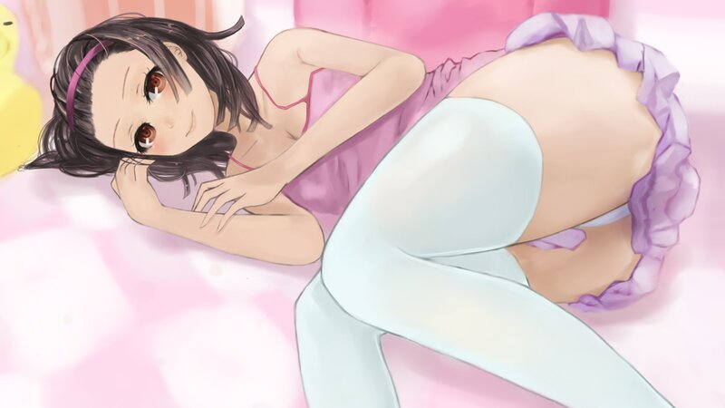 Anime Girl Lying Down — Pink, Calm, Digital Art, Bed, Headband