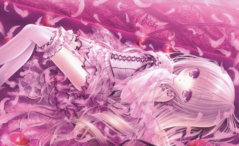 Anime Girl Lying Down — Pink, Dreamy, Digital Art, Feathers, Dress