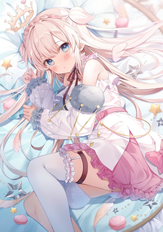 Anime Girl Lying Down — Pink, Dreamy, Digital Art, Stars