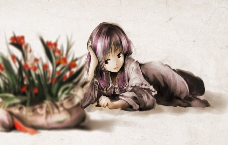 Anime Girl Lying Down — Purple, Calm, Digital Art, Flowers