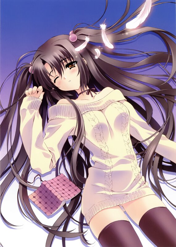 Anime Girl Lying Down — Purple, Calm, Night, Long Hair, Feathers