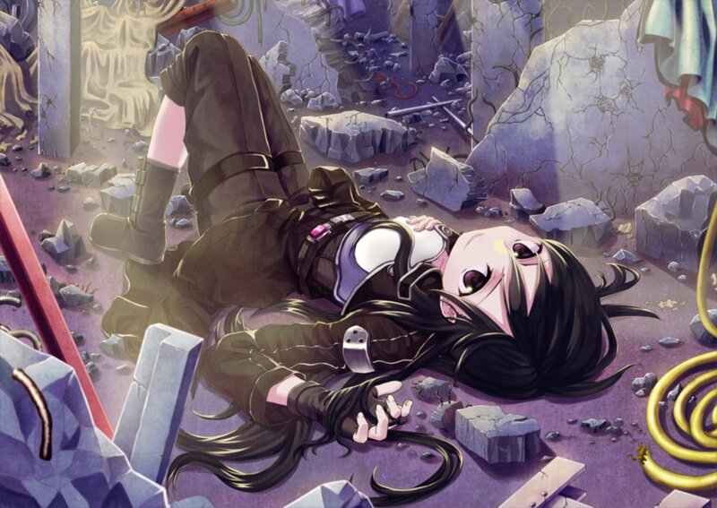 Anime Girl Lying Down — Purple, Dramatic, Digital Art, Rocks