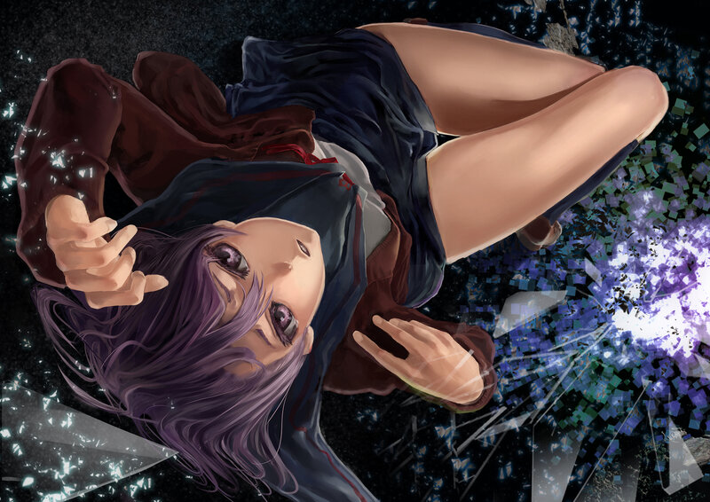 Anime Girl Lying Down — Purple, Dramatic, Night, Digital Art, School Uniform