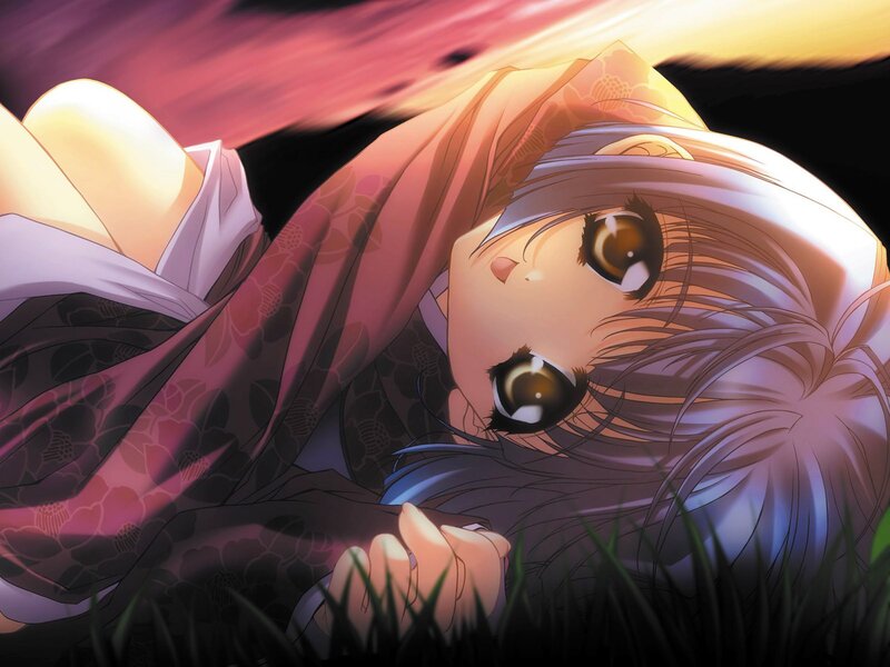Anime Girl Lying Down — Purple, Dramatic, Sunset, Grass