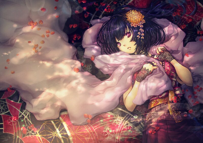 Anime Girl Lying Down — Purple, Serene, Digital Art