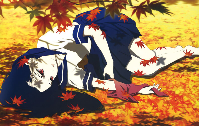 Anime Girl Lying Down — Red, Dramatic, Autumn