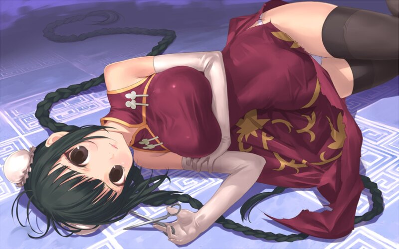 Anime Girl Lying Down — Red, Dramatic, Digital Art, Scissors