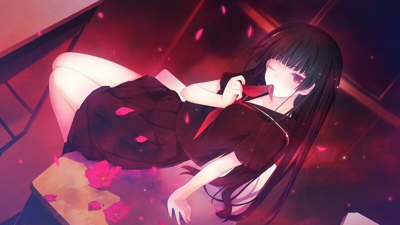 Anime Girl Lying Down — Red, Dramatic, Night, Digital Art