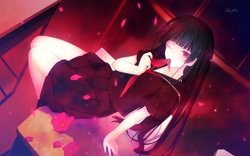 Anime Girl Lying Down — Red, Dramatic, Night, Skirt