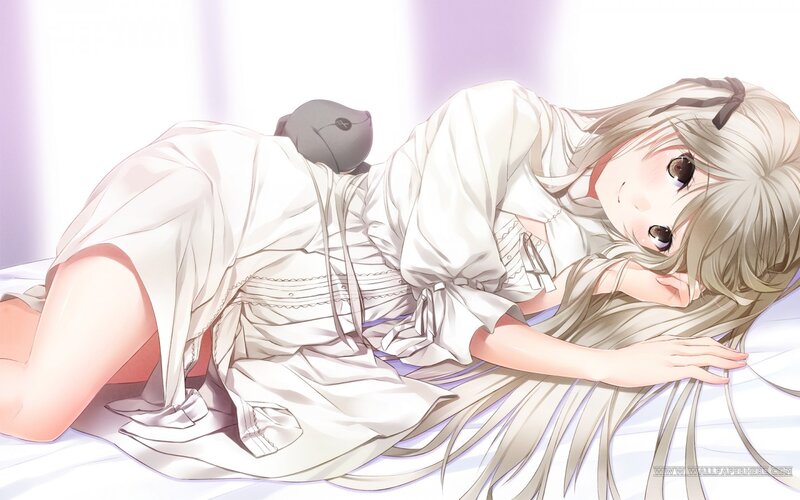 Anime Girl Lying Down — White, Calm, Bed, Stuffed Animal