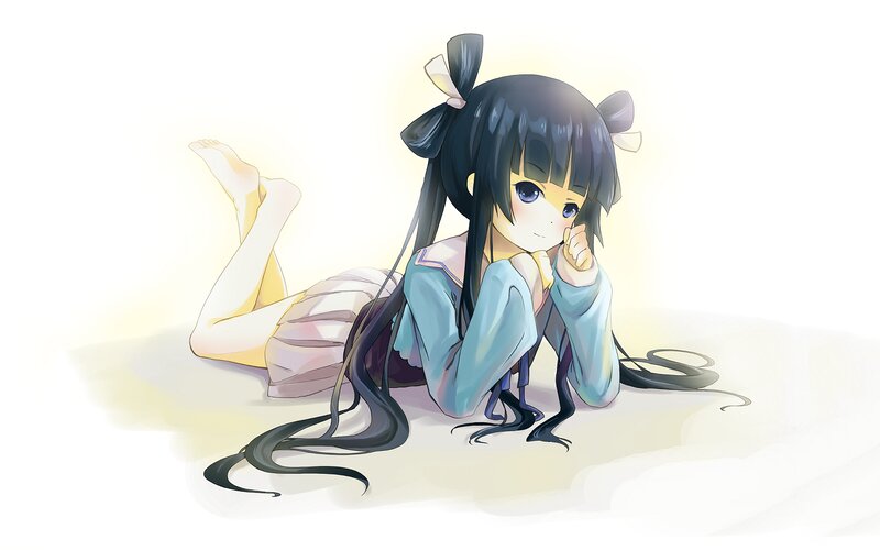 Anime Girl Lying Down — White, Calm, Digital Art, Long Hair, Bows