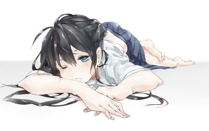Anime Girl Lying Down — White, Calm, Digital Art, School Uniform, Hair