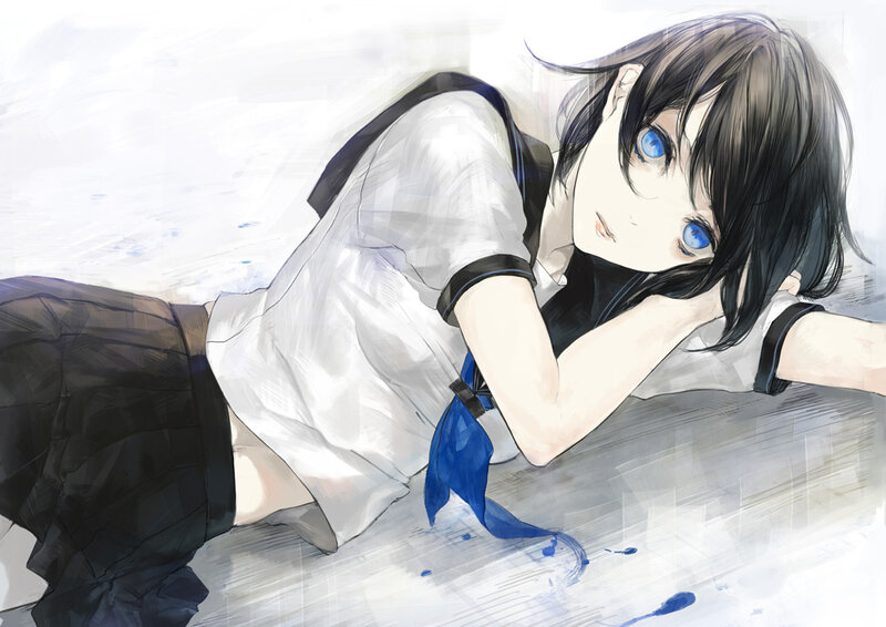 Anime Girl Lying Down — White, Calm, Digital Art, School Uniform