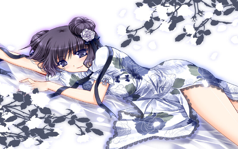 Anime Girl Lying Down — White, Serene, Flowers