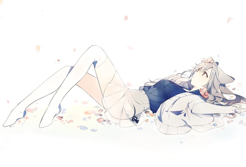 Anime Girl Lying Down — White, Serene, Spring, Digital Art, Flower Petals