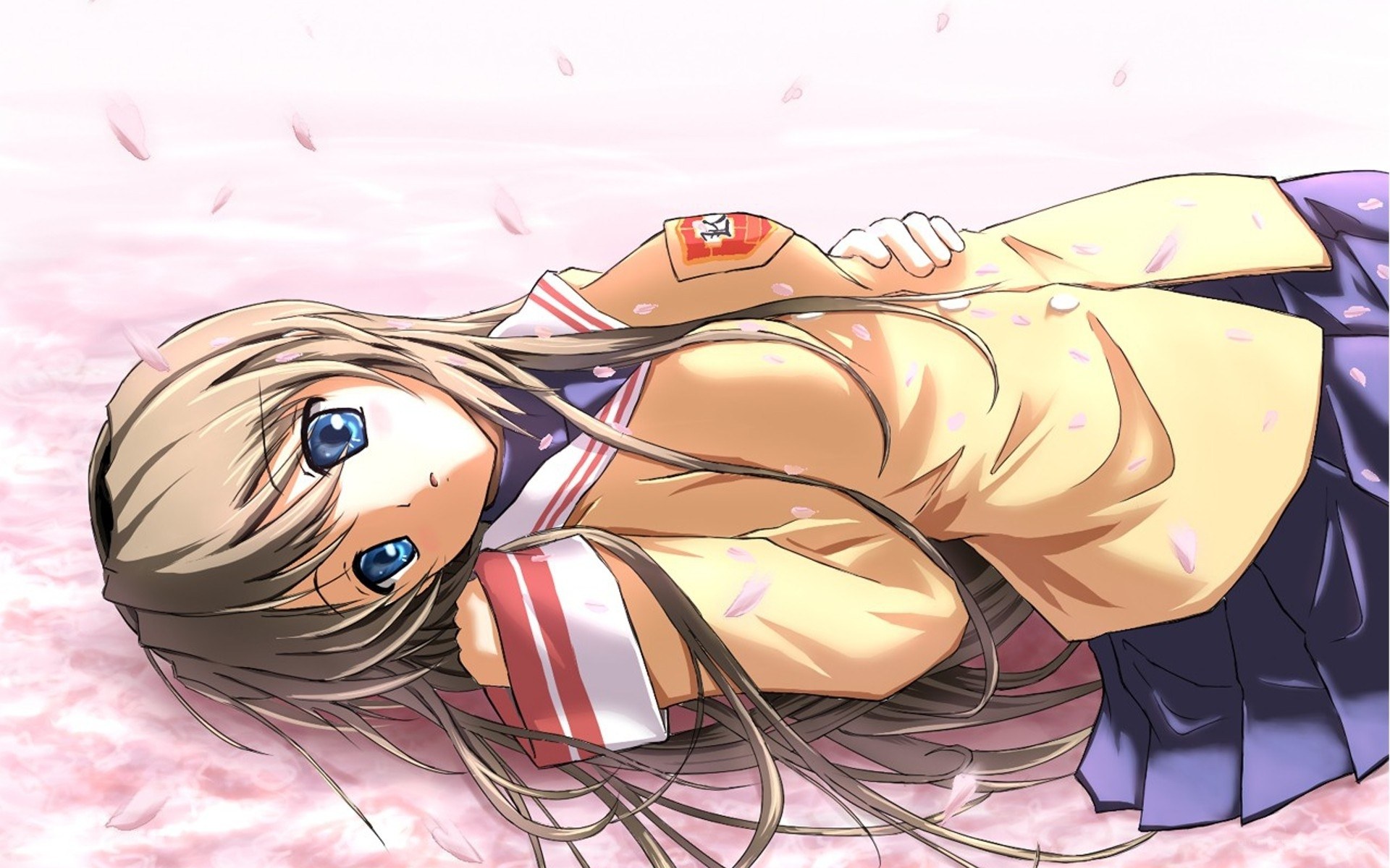 anime girl lying in cherry blossoms