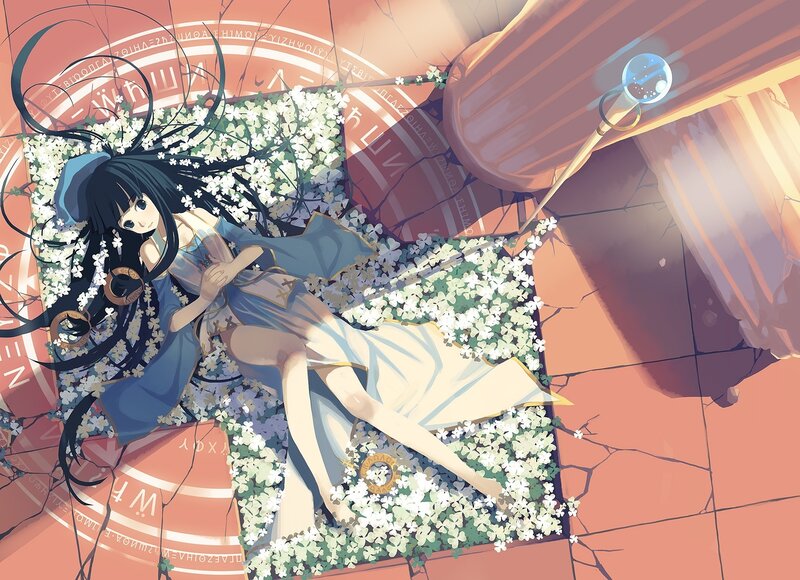 Anime Girl Lying in Flowers — Blue