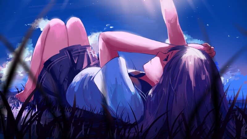 Anime Girl Lying in Grass — Blue