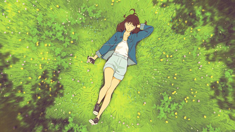 Anime Girl Lying in Grass — Green, Peaceful, Afternoon, Flowers