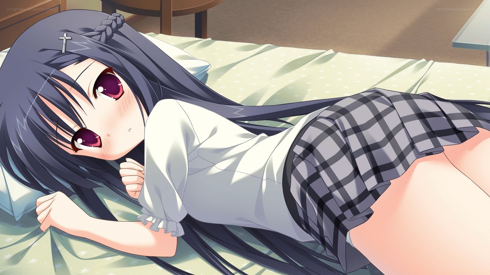 anime girl lying on bed