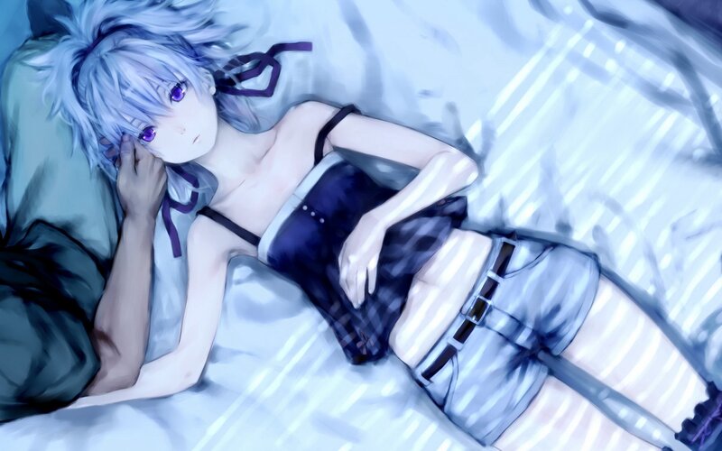 Anime Girl Lying on Bed — Blue, Calm, Digital Art