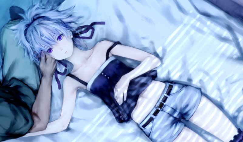 Anime Girl Lying on Bed — Blue, Calm