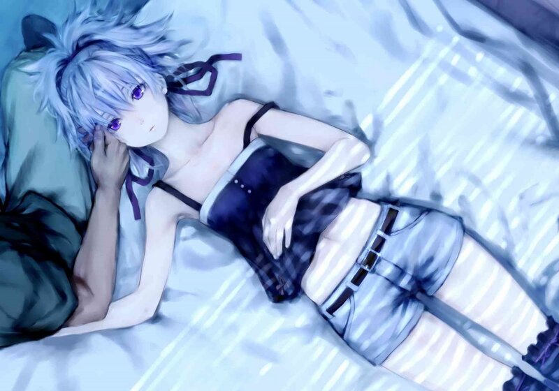 Anime Girl Lying on Bed — Blue
