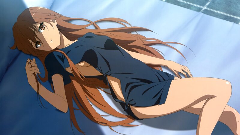 Anime girl lying on blue surface