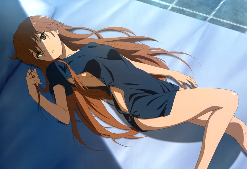 Anime girl lying on blue surface