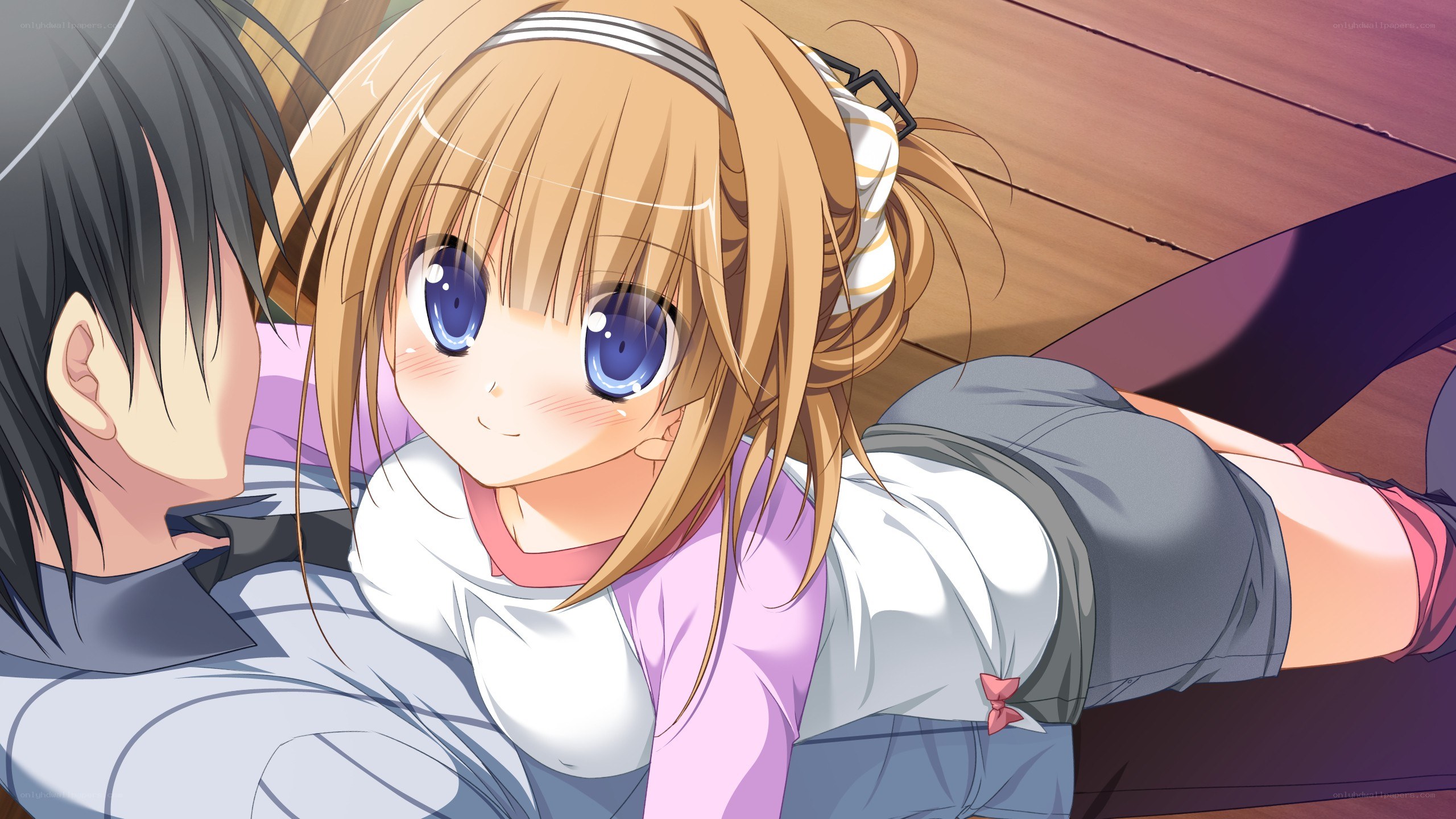 anime girl lying on boy